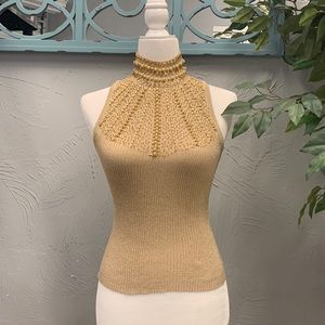 Gold. Embellished tank. XS. Mock turtle neck with open back and snap closure
